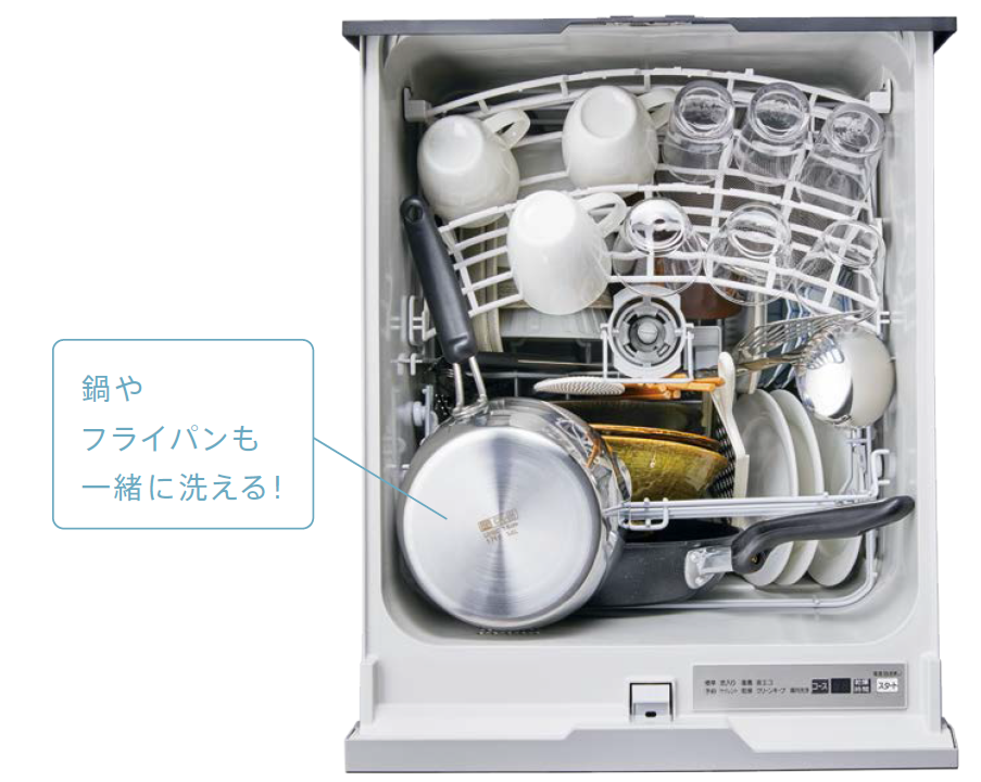 鍋やフライパンも一緒に洗える