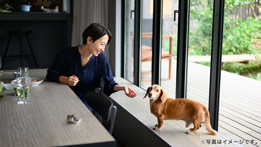 ペットと過ごす女性